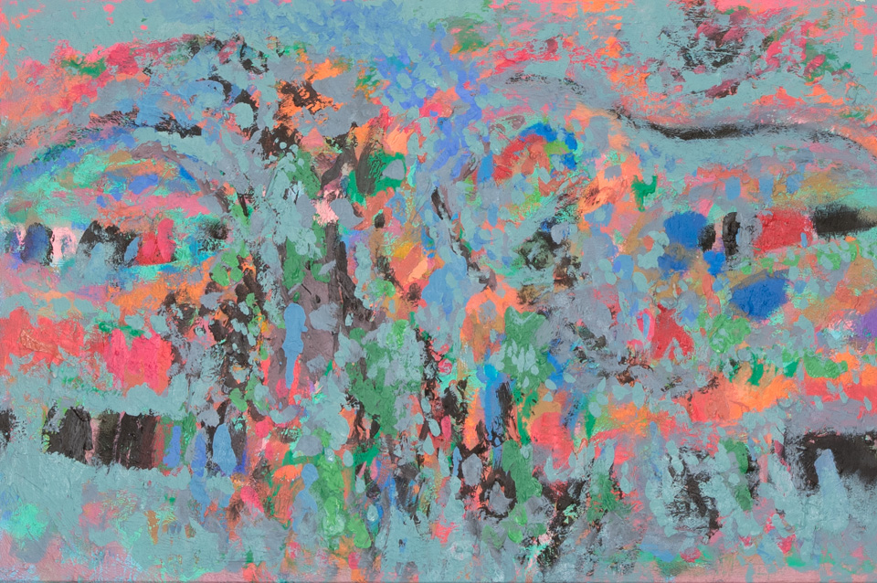 Nogales #98 is an original oil on masonite painting measuring 16 × 24 inches, completed in 2016 by American Expressionist Landscape painter Bud Holman.