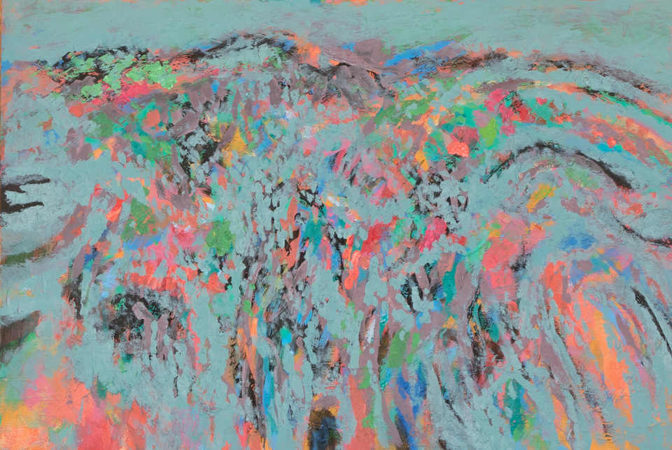Nogales #99 is an original oil on board painting measuring 16 × 24 inches, completed in 2016 by American Expressionist Landscape painter Bud Holman.