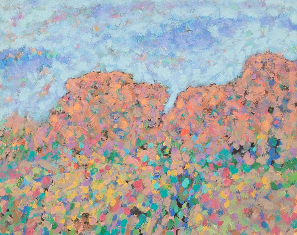 Tucson #2 is an original oil on board painting measuring 16 × 20 inches, completed in 1990 by American Expressionist Landscape painter Bud Holman.