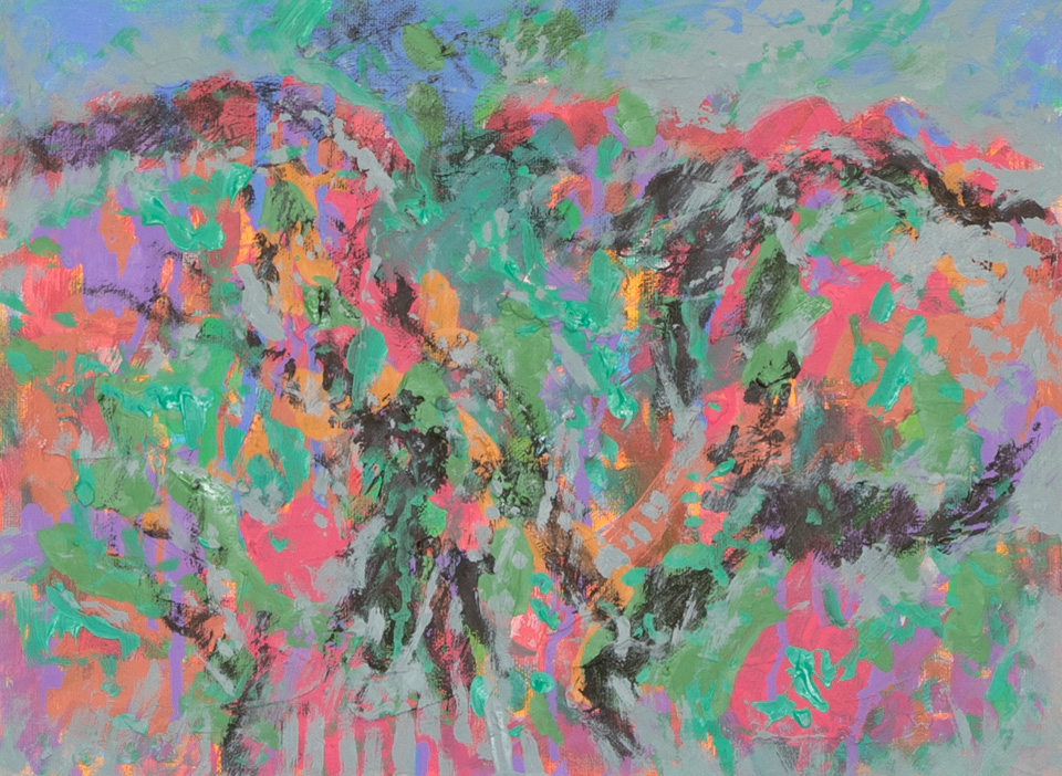 Nogales #118 is an original oil on panel painting measuring 12 × 16 inches, completed in 2005 by American Expressionist Landscape painter Bud Holman.