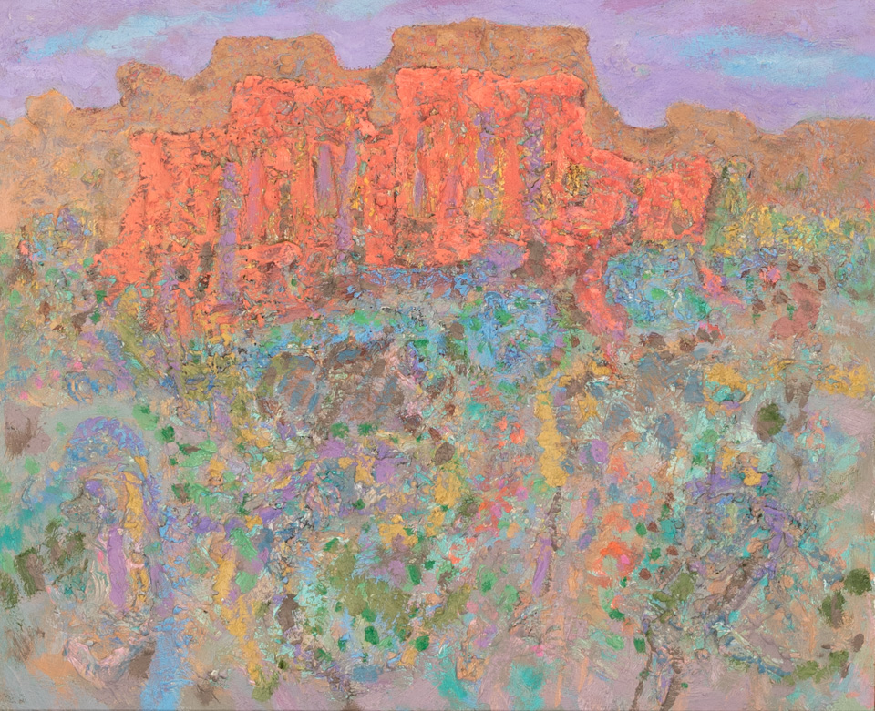 Sedona is an original oil on masonite painting measuring 18 × 22 inches, completed in 1984 by American Expressionist Landscape painter Bud Holman.