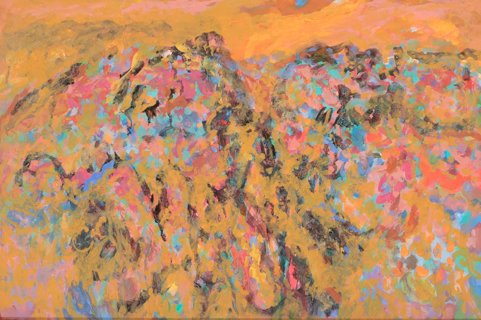 Nogales #137 is an original oil on board painting measuring 16 × 24 inches, completed in 2016 by American Expressionist Landscape painter Bud Holman.