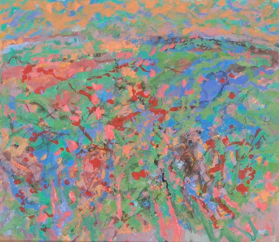 Morocco #42 is an original oil on masonite painting measuring 11 × 13 inches, completed in 2002 by American Expressionist Landscape painter Bud Holman.