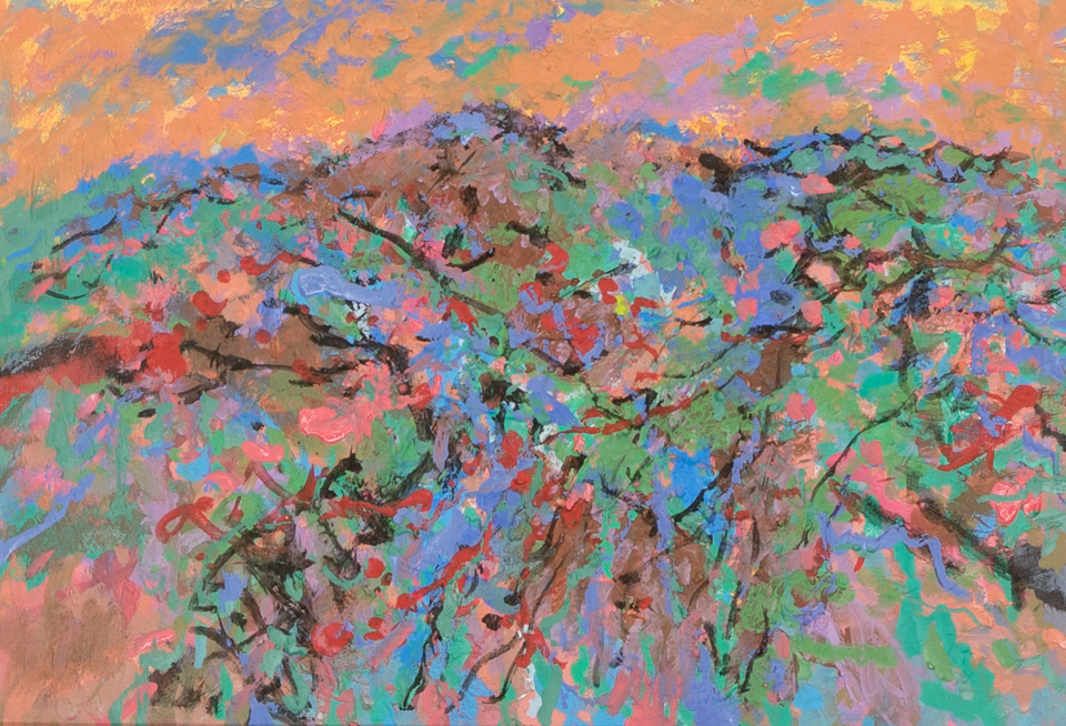 Morocco #44 is an original oil on board painting measuring 11.5 × 17 inches, completed in 2002 by American Expressionist Landscape painter Bud Holman.