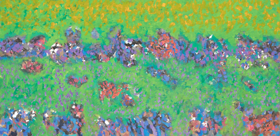 Remembering New York is an original oil on canvas painting measuring 18 × 36 inches, completed in 1980 by American Expressionist Landscape painter Bud Holman.