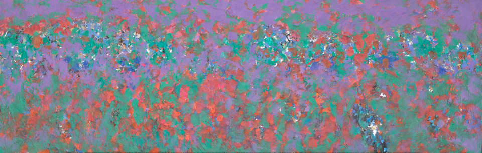 Sagaponack Dunes #3 is an original oil on masonite painting measuring 14.5 × 43.5 inches, completed in 2005 by American Expressionist Landscape painter Bud Holman.