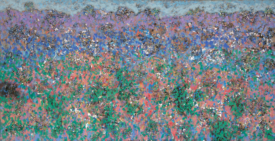 Sagaponack Dunes #6 is an original mixed media painting measuring 29 × 56 inches, completed in 2005 by American Expressionist Landscape painter Bud Holman.