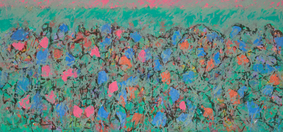 Sagaponack Dunes #7 is an original oil on canvas painting measuring 25 × 52 inches, completed in 2005 by American Expressionist Landscape painter Bud Holman.
