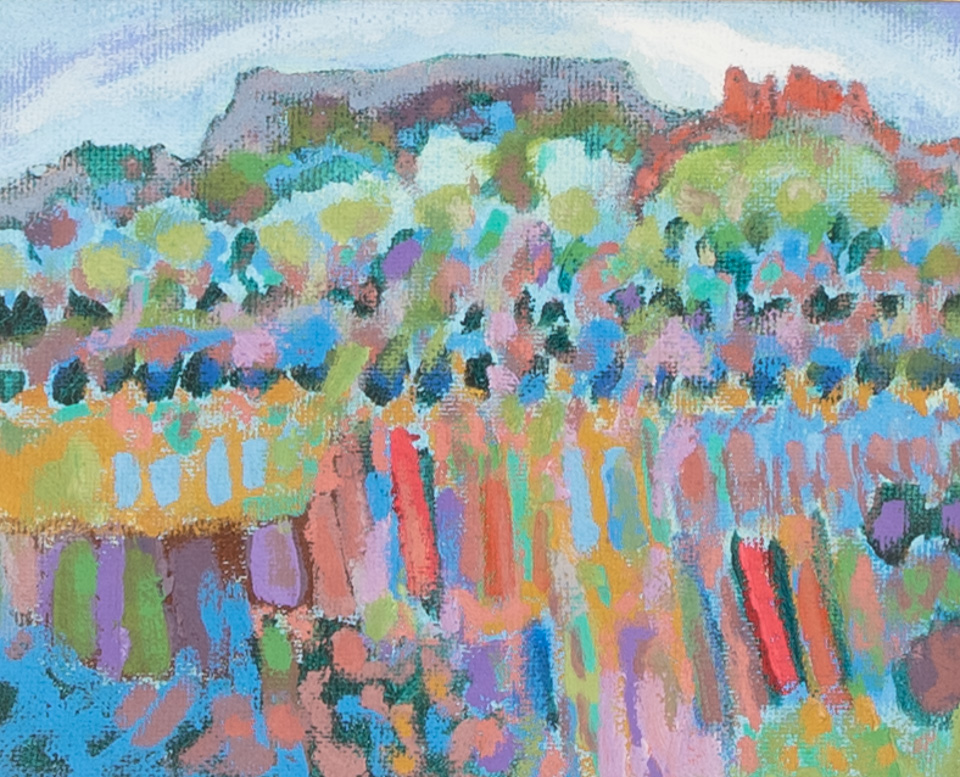 Moroccan Landscape #4 is an original oil on board painting measuring 9.25 × 11 inches, completed in 2003 by American Expressionist Landscape painter Bud Holman.
