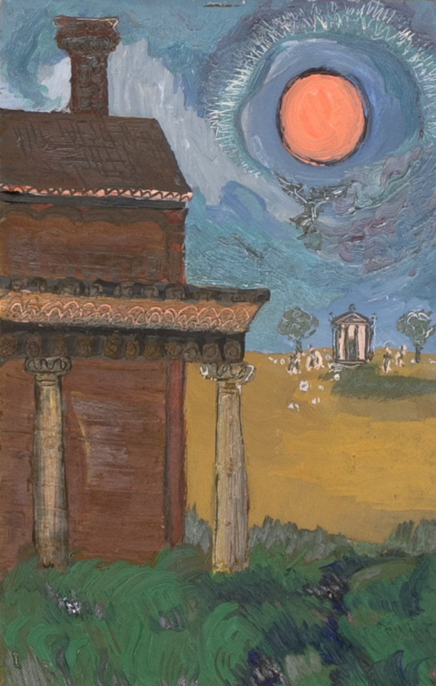 Set Design is an original oil on board painting measuring 12 × 7.75 inches, completed in 1970 by American Expressionist Landscape painter Bud Holman.