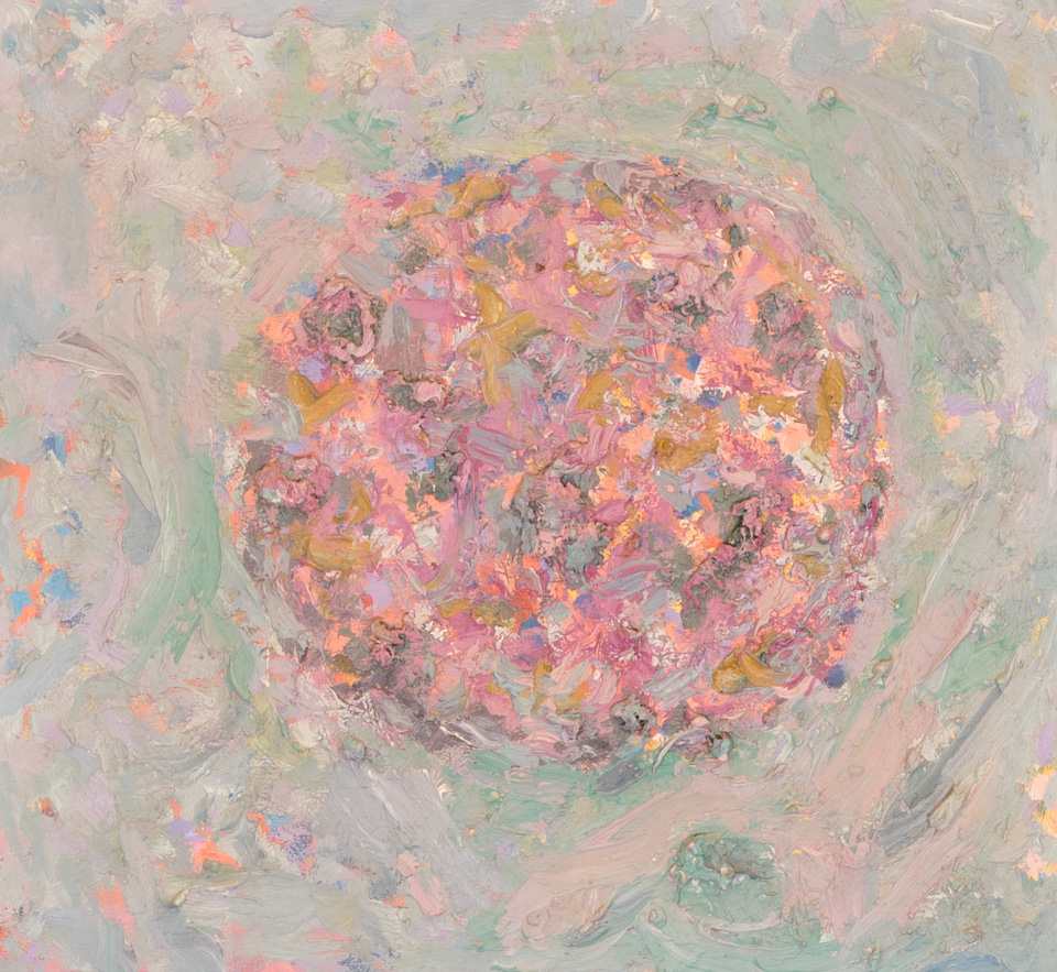 Mud Pie #38 is an original oil on masonite painting measuring 13 × 14 inches, completed in 1983 by American Expressionist Landscape painter Bud Holman.