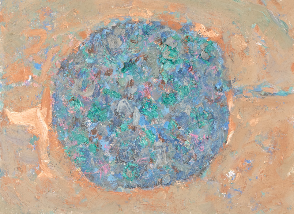 Mud Pie #56 is an original oil on panel painting measuring 12 × 16 inches, completed in 1983 by American Expressionist Landscape painter Bud Holman.