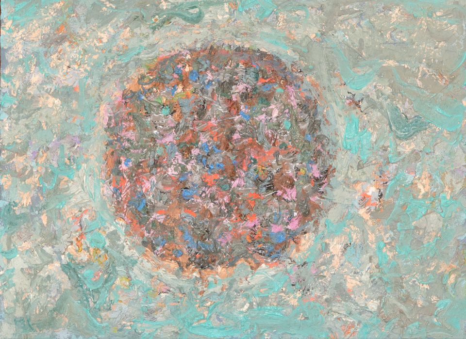 Mud Pie #63 is an original oil on masonite painting measuring 12 × 16 inches, completed in 1983 by American Expressionist Landscape painter Bud Holman.